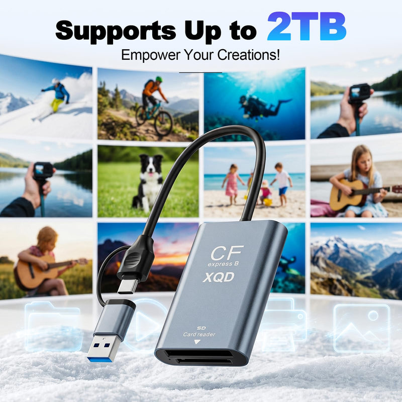 CFexpress Type B & XQD Card Reader with SD, USB C 3.2 Gen 2 10Gbps High Speed Dual Slot Memory Card Reader, Supports SD UHS-II/UHS-I, Aluminum Alloy Grey