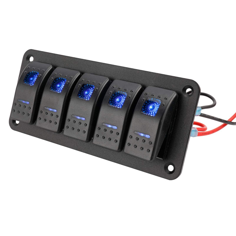 Amarine Made 12-24V Boat Switch Panel Illuminated Rocker Switch Aluminum Pre-wired Panel 2,3,4,5,6,8 Gang Toggle Switches Dash 5 Pin ON/Off 2 LED Backlit for Bus Boat Car Marine Blue LED IP65 (5 Gang)