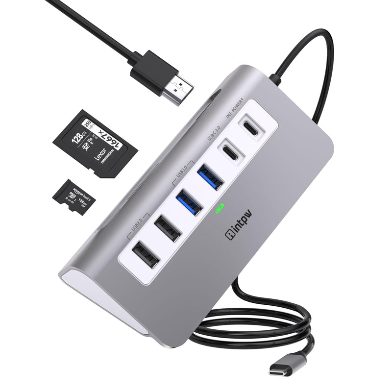 USB C Hub, INTPW 9-in-1 USB C Hub Multiport Adapter with 3.28FT Cable, USB C USB Hub with 4K HDMI, PD 100W, USB-C and 2 USB A 3.0 5Gbps, 2 USB A 2.0, SD/TF Slot for MacBook Air/Pro iPad Type-C Laptop Silver