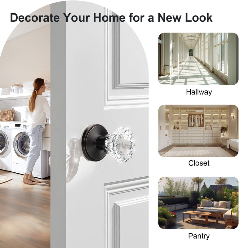 KNOBWELL Glass Door Knobs in Oil Rubbed Bronze Finish, Individual Dummy Crystal Door Knobs for Interior Door, Keyless Non-Turning Interior Door Knob, 1 Pack