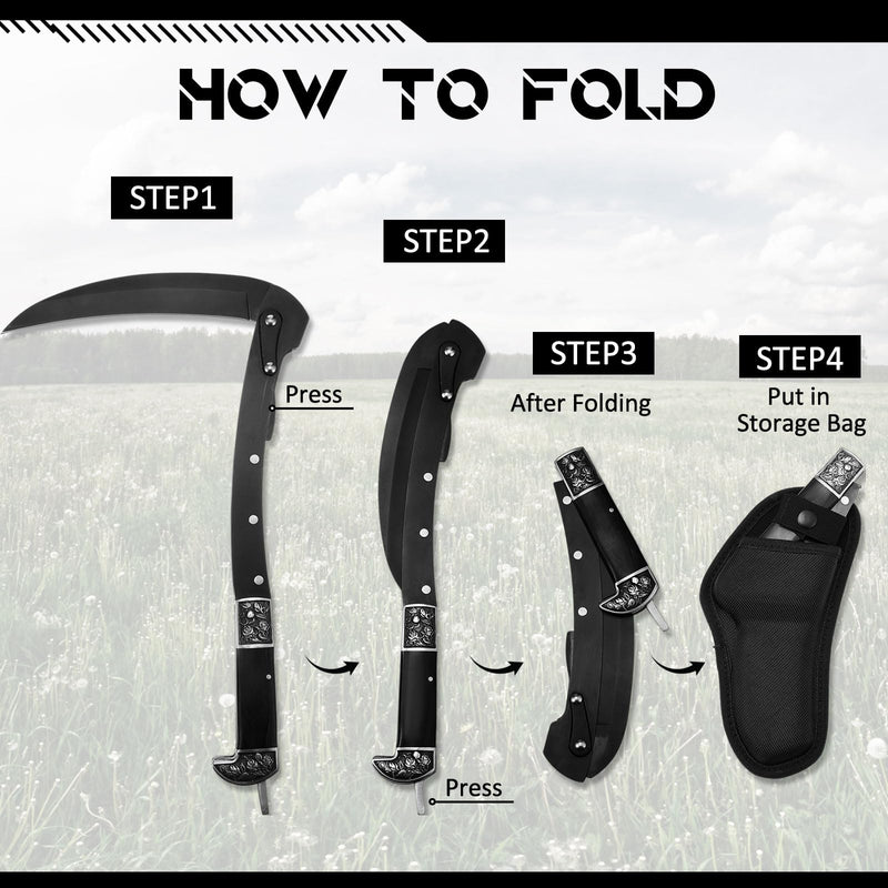 WILLBOND Black Sharp Folding Sickle Garden Tool Portable Safety Grass Hand Sickle Knife with Sheath Wooden Handle 2 Sections for Gardening Farming Lawn Grass Weeds Hand Tools