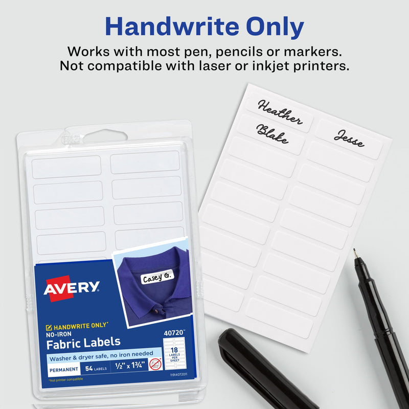 Avery No-Iron Fabric Labels, 1/2" x 1-3/4", Washer and Dryer-Safe, White, Non-Printable, 54 Labels Per Pack, 108 Total (2-Pack of 40720) 1/2" x 1-3/4"