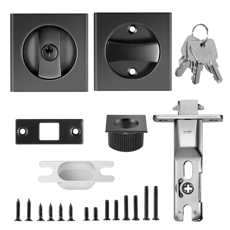 Pocket Door Lock, Pocket Door Lock with Key, Pocket Door Hardware, Matte Black Pocket Door Hardware,Pocket Door Edge Pull kit, Square Design(Black)