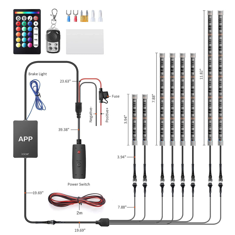 8PCS RGB Motorcycle LED Underglow Kit, App Control Dual Remote Multi-Color IP68 Waterproof Music Sync Accent Light with Brake Turn Signal for Harley Honda Golf Cart 8PCS