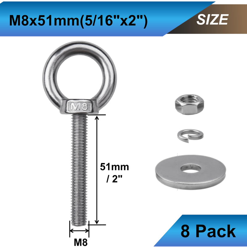 8 Pack M8 Eye Bolts with Nuts, 304 Stainless Steel 5/16" x 2" Heavy Duty Lifting Eye Bolts, Metric M8×51mm Ring Eye Bolt for Hanging, Tie Down, Outdoor & Hardware Fixing (8, 5/16"x2") 5/16"x2" 8