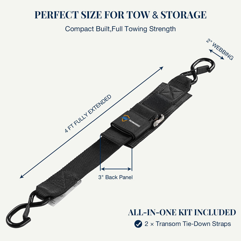 Seamander Boat Tie Down Straps to Trailer - Marine Grade Adjustable Boat Trailer Straps for Boat, Jet Ski, & More with Safety Clips 2 Inch x 48 Inch Black(Safety Clips) 2"W*48"L