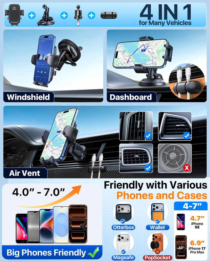 2026 Latest Upgrade Military-Grade Anti-Shake 90+LBS Car Phone Holder | Strong Suction 360° Rotating Short Fixed Arm Cellphone Mount Dash Windshield Vent Cradle for iPhone 17 16 Pro Max Deep Black