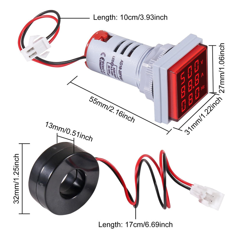 3PCS Square LED Digital Voltmeter Ammeter Hertz Meter AC20-500V Signal Lights Voltage Current Frequency Combo Meter Indicator Tester with CT（White+Blue+Red） White+Blue+Red