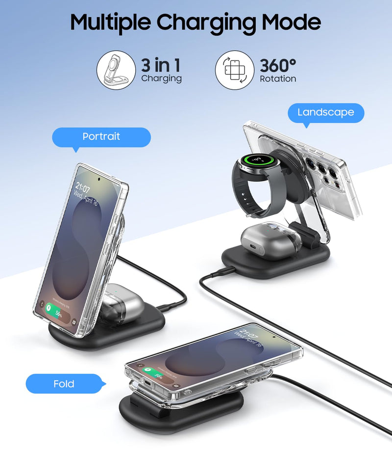 Meifigno 3 in 1 Foldable Wireless Charging Station for Samsung, Magnetic Charger Stand with On/Off Night Light for Galaxy S26/S25/Z Fold/Flip 8/7, Watch Charger for Galaxy Watch Ultra/8/7/6, for Buds