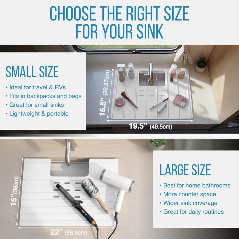 Maplefield Bathroom Sink Cover & Silicone Makeup Mat - White, 22" x 15" x 2" Inches - Heat Resistant to 400°F - Foldable Roll-Up Design with Raised Ridges - Space-Saving Countertop Mat Large
