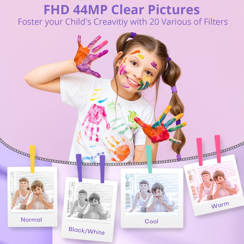 Digital Camera, 1080P 44MP Digital Cameras for Photography, Digital Point and Shoot Camera for Kids with 16X Zoom, Anti-Shake, Compact Small Travel Camera for Boys Girls Teens, Black Purple