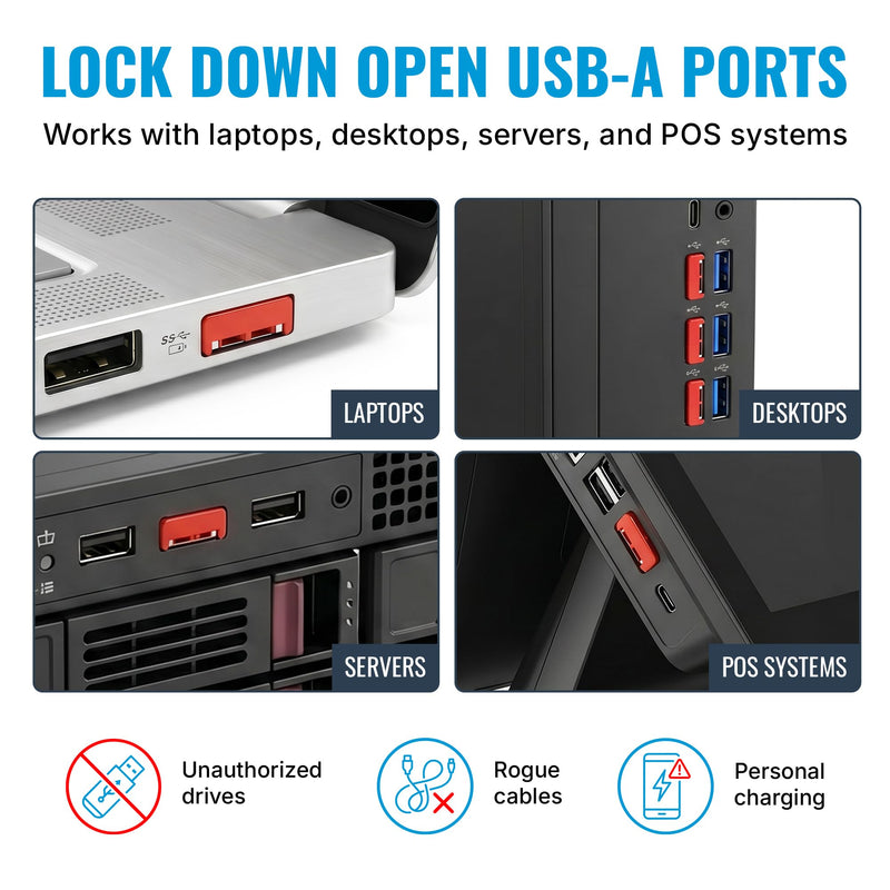 USB A Port Blockers 10 Pack, Two Point Zinc Alloy Locks, 1 Key, Red | Two point locking design, zinc alloy construction, helps deter unauthorized USB access, removable with included key Red - 10 Pack