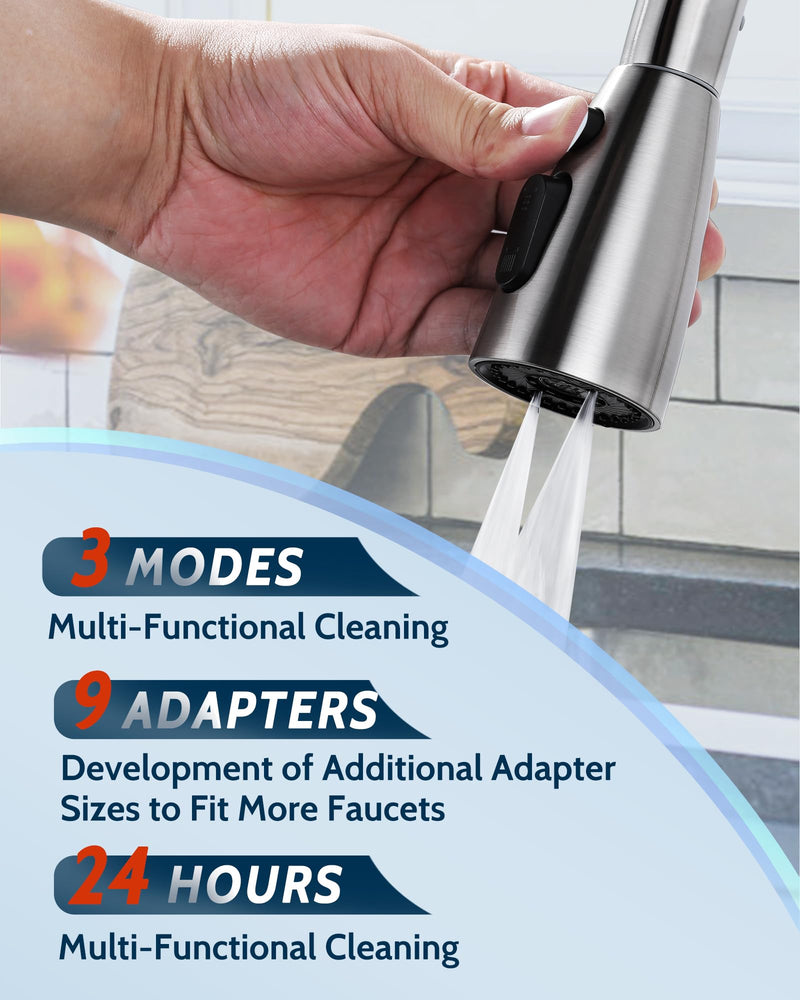 Kitchen Faucet Head Replacement:Stainless Steel Spray Head,3 Modes Pull Out Spray Nozzle with 9 Adapters for Kitchen Sink Faucet,Compatible with Moen Kohler Delta Kitchen Faucets G1/2,Brushed Nickel Brushed Nickel Stainless Steel