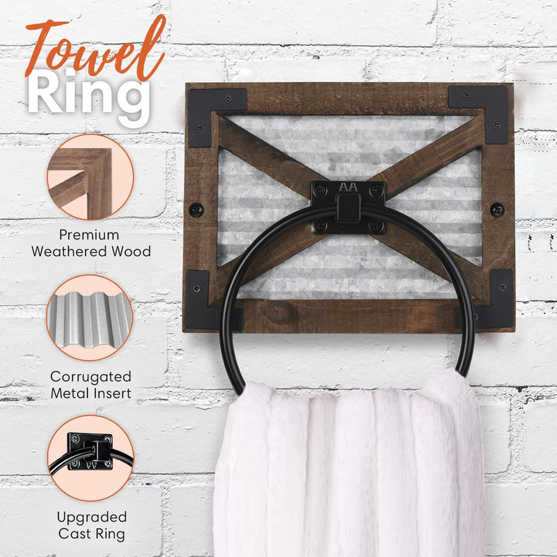 Autumn Alley Rustic Farmhouse Toilet Paper Holder and Towel Ring Rack Set, Wall Mount Farmhouse Wooden Toilet Paper Holder and Bathroom Hand Towel Holder- Farmhouse Bathroom Accessories Set