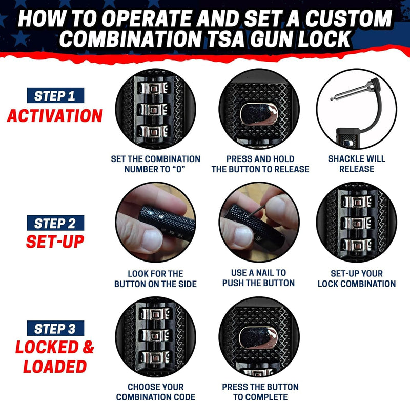 Cut-Resistant Gun Case Lock, TSA Approved Anti-Theft Single Shaft Padlock Black 2 Pack