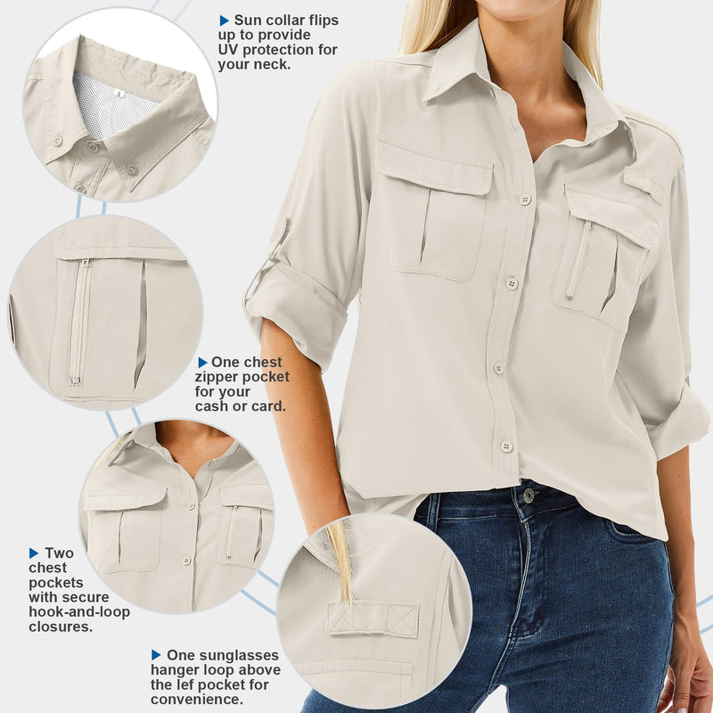 Women's UPF 50 Long Sleeve Sun Protection Shirts Safari Fishing Hiking Large Light Khaki