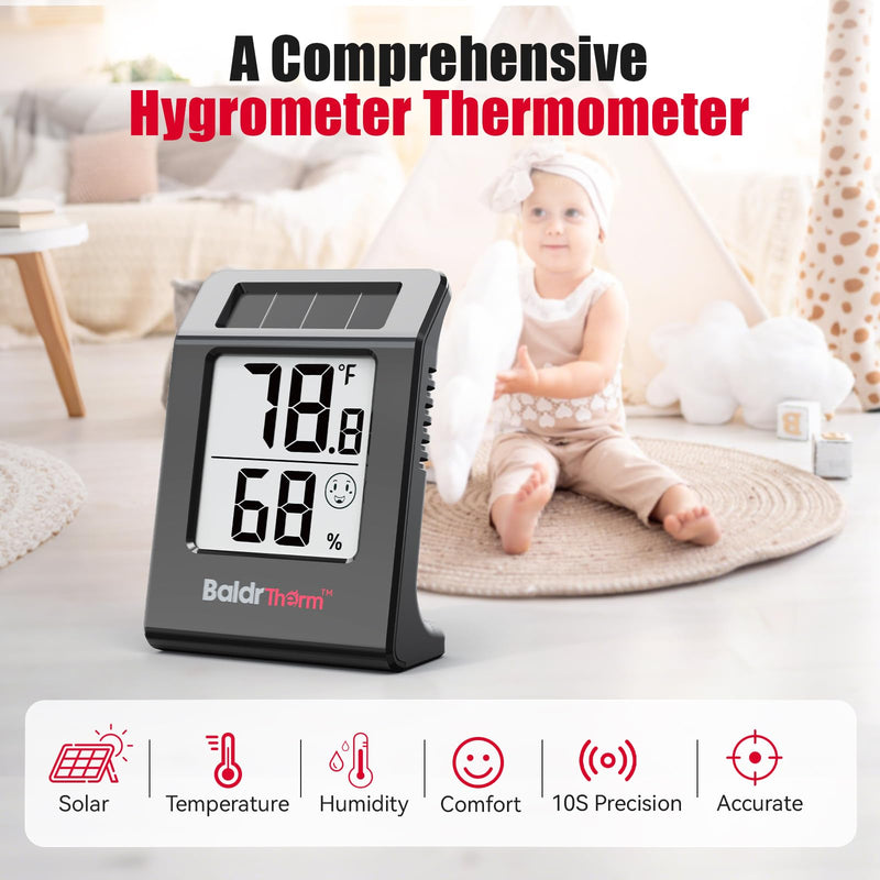 BaldrTherm Humidity Meter Hygrometer, Solar-Powered Room Thermometer Indoor Digital Temperature Sensor Monitor, 2.2''Humidity Gauge for Baby Rooms, Home, Office, 3Pack, Black Black 3pack