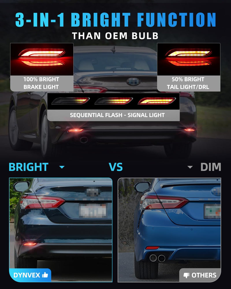 LED Rear Bumper Reflector Light Compatible with Camry 2018-2024, [Play & Plug] Not Wiring [IP67 Waterproof], Red LED Tail Brake Rear Fog & Sequential Turn Signal Lamps, 2 PCS, Smoked Lens