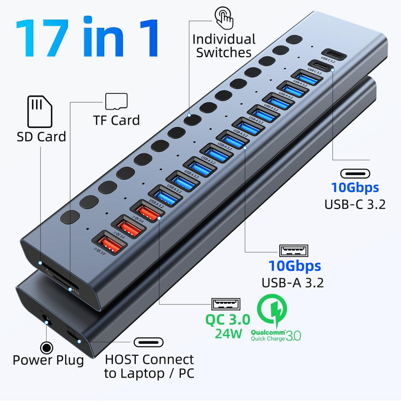 Powered USB Hub 10Gbps, 17 Ports 96W USB 3.2 Hub(10 USB-A 3.2 Ports+3 QC 24W Fast Charging Ports+2 USB-C 3.2 Ports+SD/TF Card Reader), 12V/8A Power Adapter for Laptop, PC, Computer, HDD,Flash Drive Gray