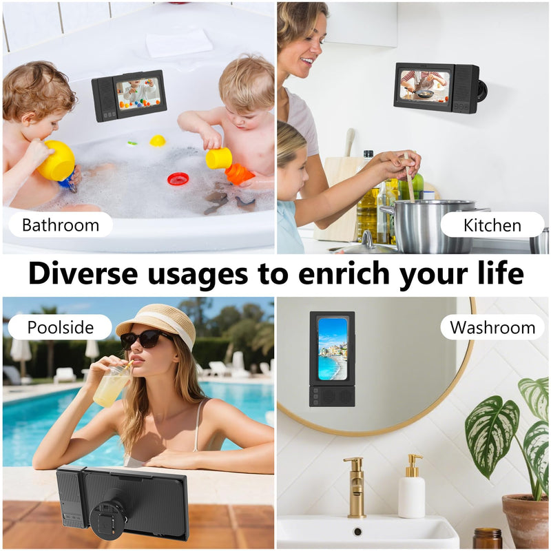 Shower Phone Holder with Wireless Bluetooth Speaker,- 480°Rotatable Retractable Adjustable Shower iPhone Case, Bathroom Wall Phone Stand Water Proof Anti Fog,Accessories for 4-7"Cellphones (Black) Black