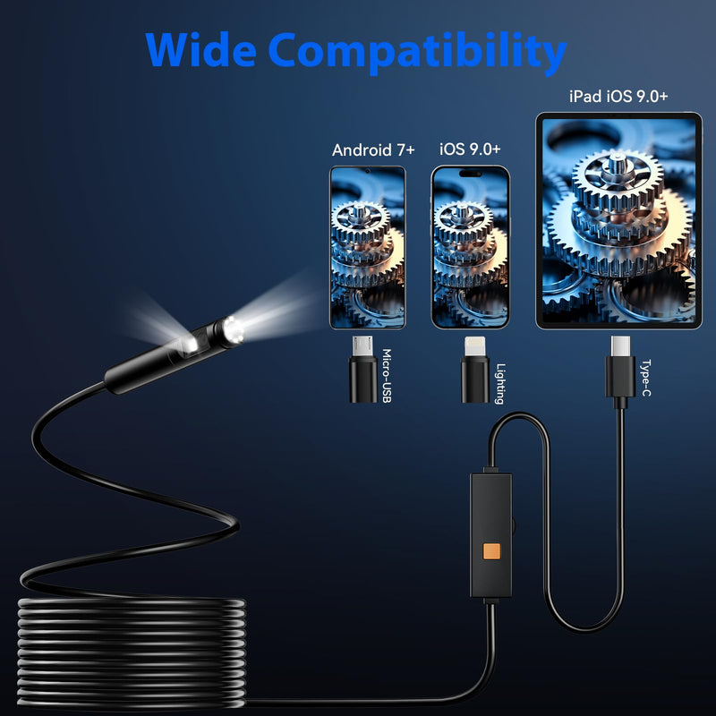 Endoscope Camera with Light, Dual-Lens 1920P HD Borescope Tools with 8+1 Adjustable LED Lights, 9.8FT Semi-Rigid Snake Cord IP67 Waterproof Inspection Camera for iPhone, iPad, iOS and Android Phone Dual Lens