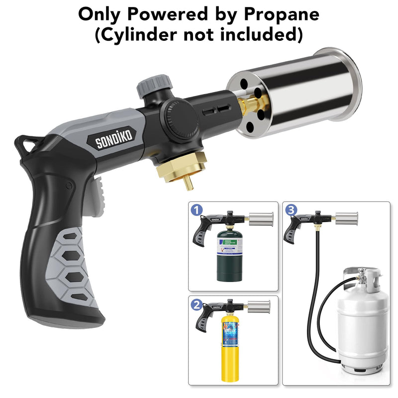 Sondiko Powerful Grill & Cooking Propane Torch L8010, Sous Vide, Welding Torch, Adjustable Wood Torch Burner for Searing Steak, BBQ, Campfire Starter(Black, Grey) Propane Tank Not Included Black