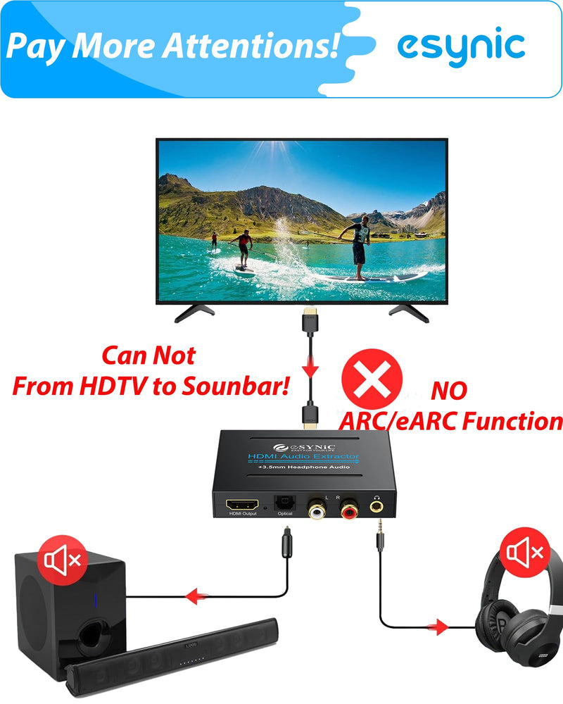 eSynic Portable 4K@30Hz HDMI Audio Extractor-No ARC/eARC & Not from HDTV to Soundbar-Easy to Setup-Metal Shell-for Gaming Consoles/Fire TV Stick to HDMI Monitor & Optical or 3.5MM & L/R Audio System