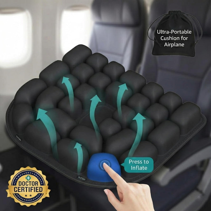 Inflatable Travel Seat Cushion for Airplane - Portable Air Pad with Built-in Pump for Long Flights & Car Rides - Ergonomic Tailbone Pain Relief for Office Chair, Wheelchair, Stadium 15.7"x15.7"