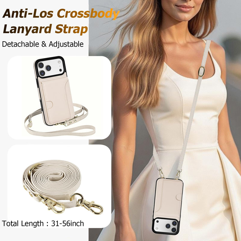 LOHASIC for iPhone 17 Pro Max Wallet Case with Strap, Card Holder, Beige | 4 Card Slots & Cash Slot, Crossbody Strap Removable, Wrist Strap, RFID Blocking, Kickstand, Vegan Leather Phone Case