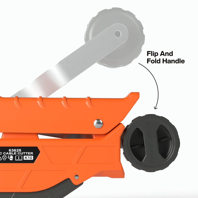 Klein Tools 63625 MC Cable Cutter, Cuts Up to 3/8-Inch Armored Cable (BX, AC, MC, MCAP, Greenfield), Spring Loaded Handle with Storage, Tool-Free Blade Replacement