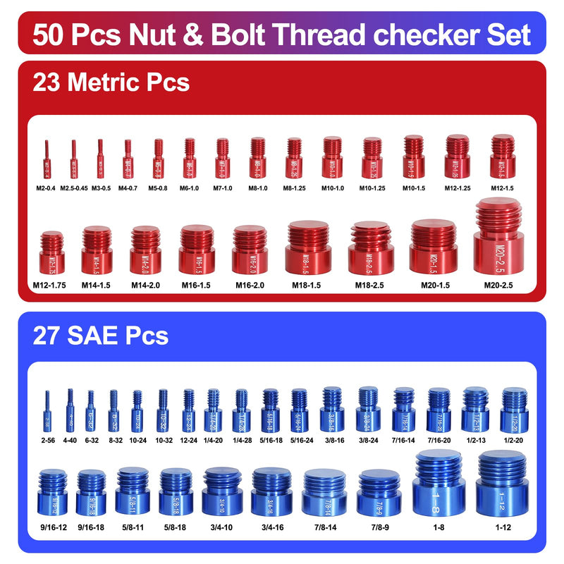 50PCS Thread Checker, Bolt Size Finder Nut and Bolt Thread Checker, 23 Metric & 27 SAE Box Set Thread Gauge Size Checker