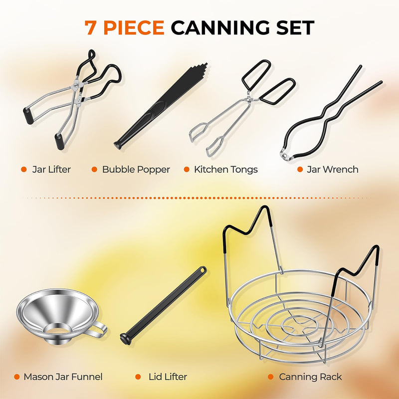 Pisol Canning Supplies Starter Kit, 7 Piece Canning Tools Set with Stainless Steel Rack, Wide Mouth Funnel, Kitchen Tongs, Jar Lifter, Magnetic Lid Lifter, jar Wrench, Bubble Popper Black