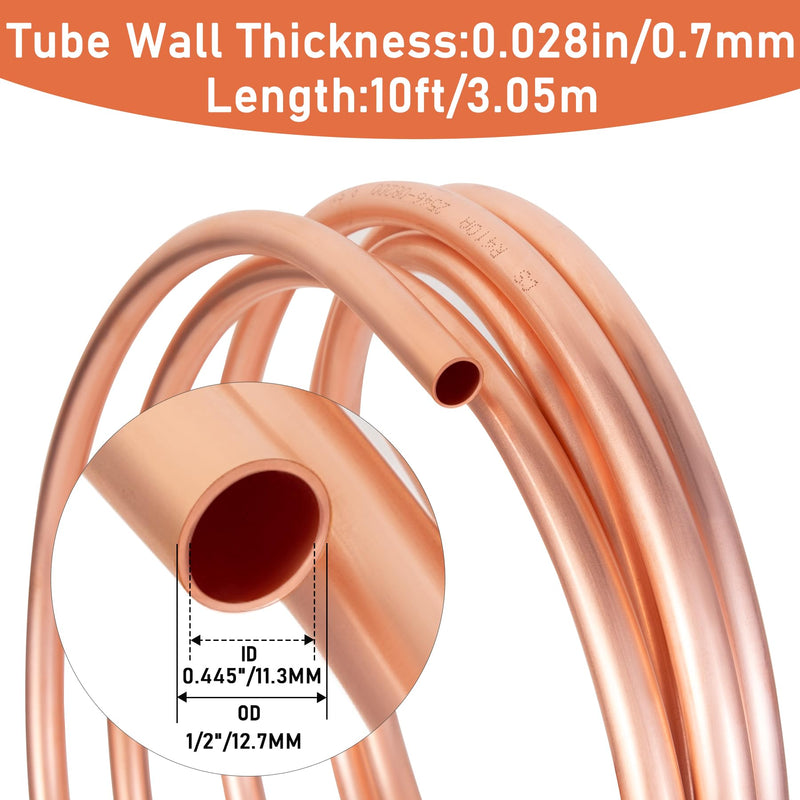 Copper Tubing 1/2"ODx0.45"IDx10Ft - 99.9% C12200 Pure ACR Copper Tube,Refrigeration Seamless Round T2 Pure copper tubes for Refrigerator HVAC System Industry DIY 1/2" OD 10FT