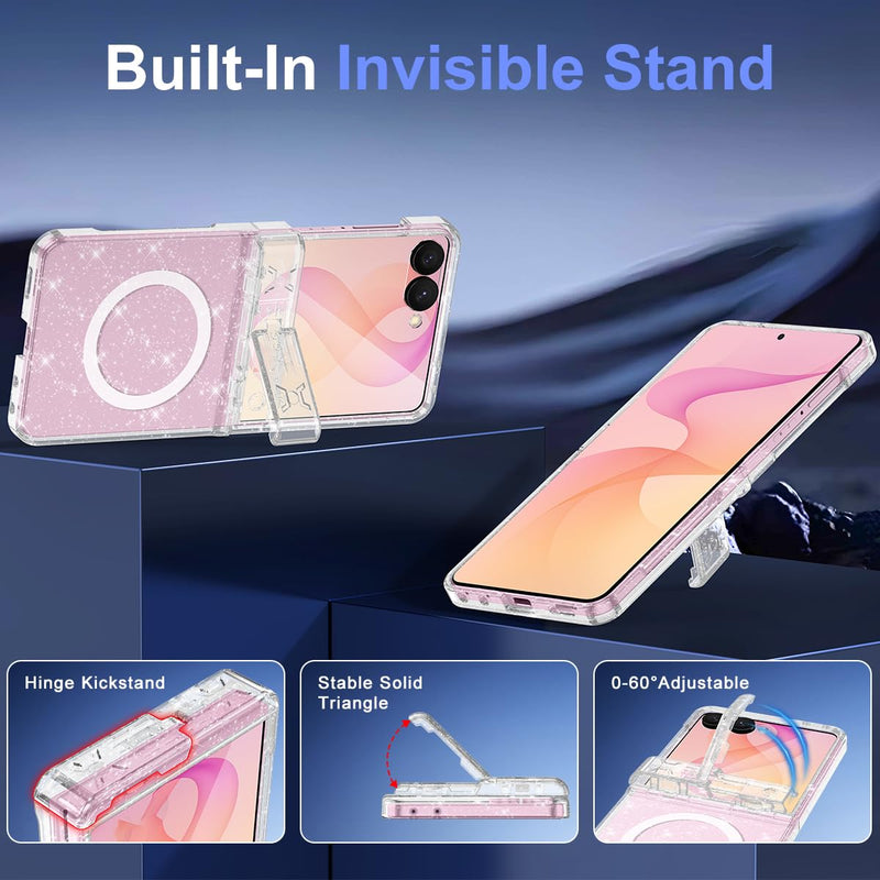 for Galaxy Z Flip 8 Case,[Compatible with MagSafe][Built-in Screen Protector][Kickstand],Hard PC Hinge Protection Slim Fit Shockproof Girls Case for Samsung Galaxy Z Flip 8,Clear Clear