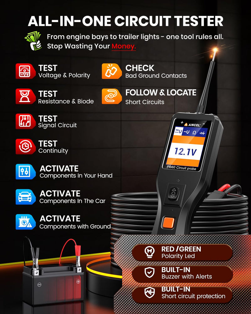 ANCEL PB60 Automotive Power Circuit Probe Tester, 12-24 V Car Electrical Diagnostic Tool with Component Activation Ohmmeter, Easy to Use, Suitable for DIY Enthusiasts, Garage, Trailer Wiring Repair