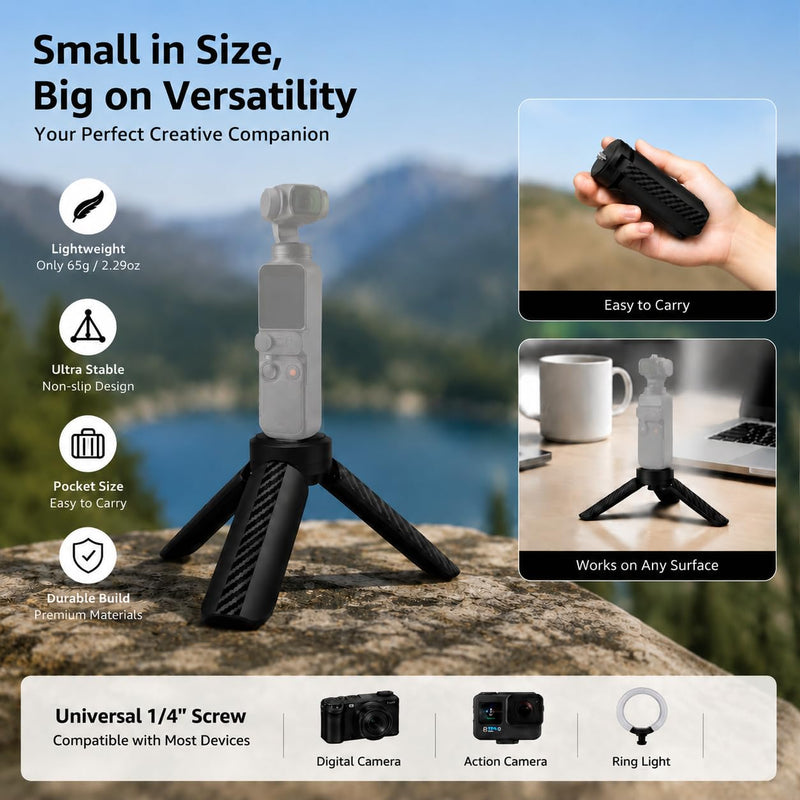 Mini Tripod for DJI Osmo Pocket 4/3/2 – Foldable Desktop & Hand Grip Stand, Compatible with GoPro, Insta360, Action Cameras, Smartphones, Portable 1/4″ Screw Mount for Vlogging & Photography