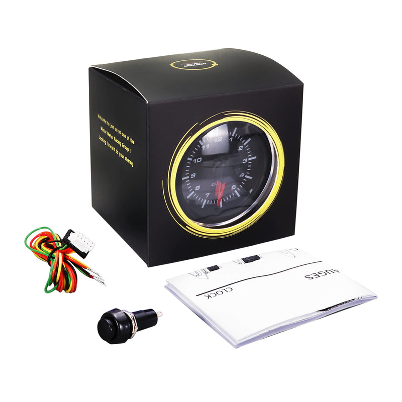 MOTOR METER RACING MGS Series 52mm 2-1/16" Electrical Clock Gauge 0~12 Hour Format Black Dial White LED Backlit Waterproof 12 Hour Format Black Dial Black Bezel