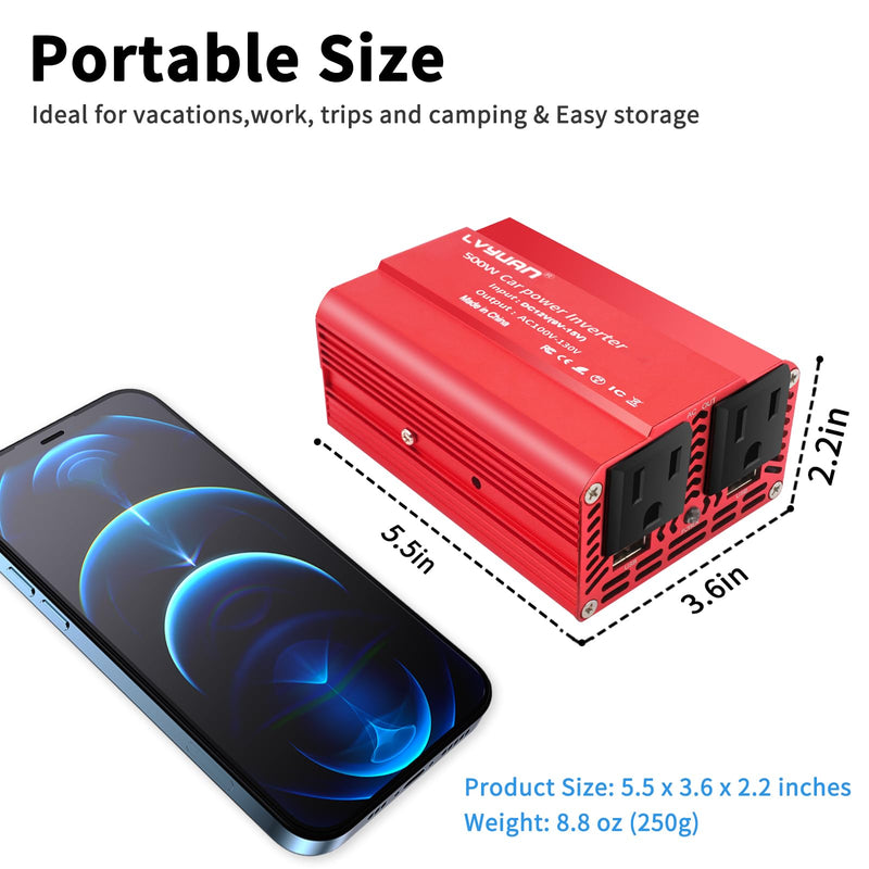 LVYUAN 500W Power Inverter for Vehicles DC 12V to 110V AC Car Plug Adapter Outlet Converter with 2 USB Fast Charging Ports and 2 AC Outlets Car Charger Adapter Red