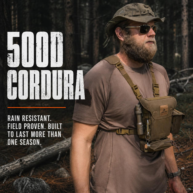 Binocular Harness Chest Pack - Bino Harness Hunting Chest Rig | Waterproof 500D Cordura case, silent magnetic closure, MOLLE rangefinder pouch, elk deer glassing Lt1 - Standard