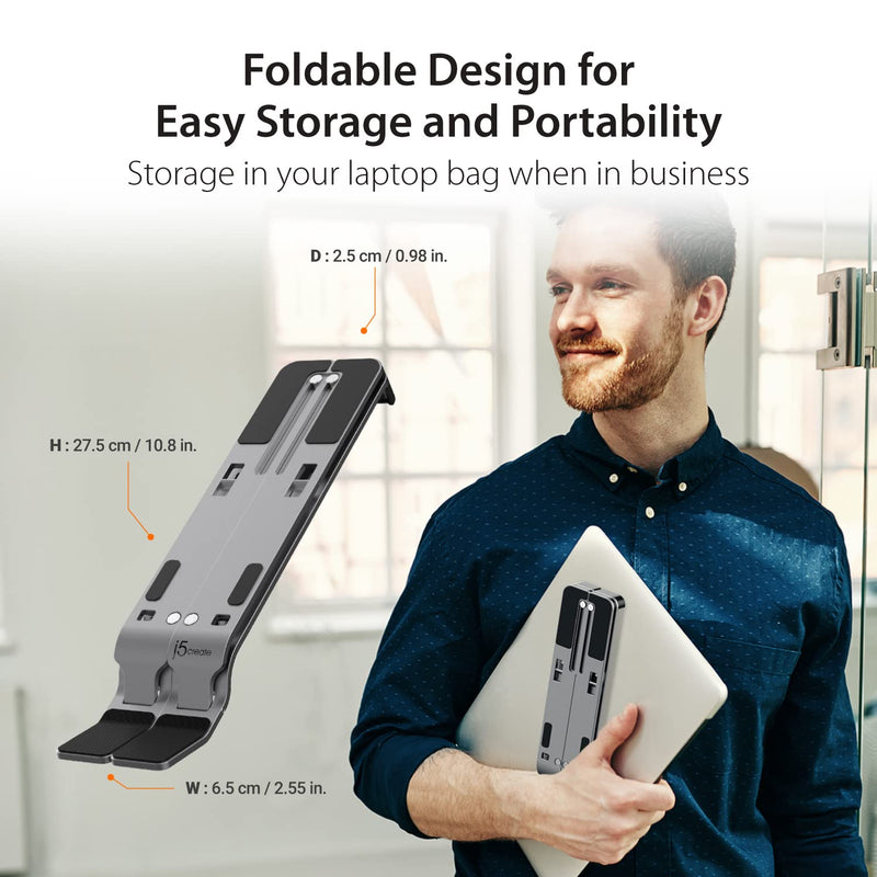 j5create Portable Aluminum Laptop Stand with USB 4-Port Hub, Foldable and Adjustable Notebook Riser with 4 USB-A Ports for MacBook, Laptop, and Tablet up to 16" (JTS223)