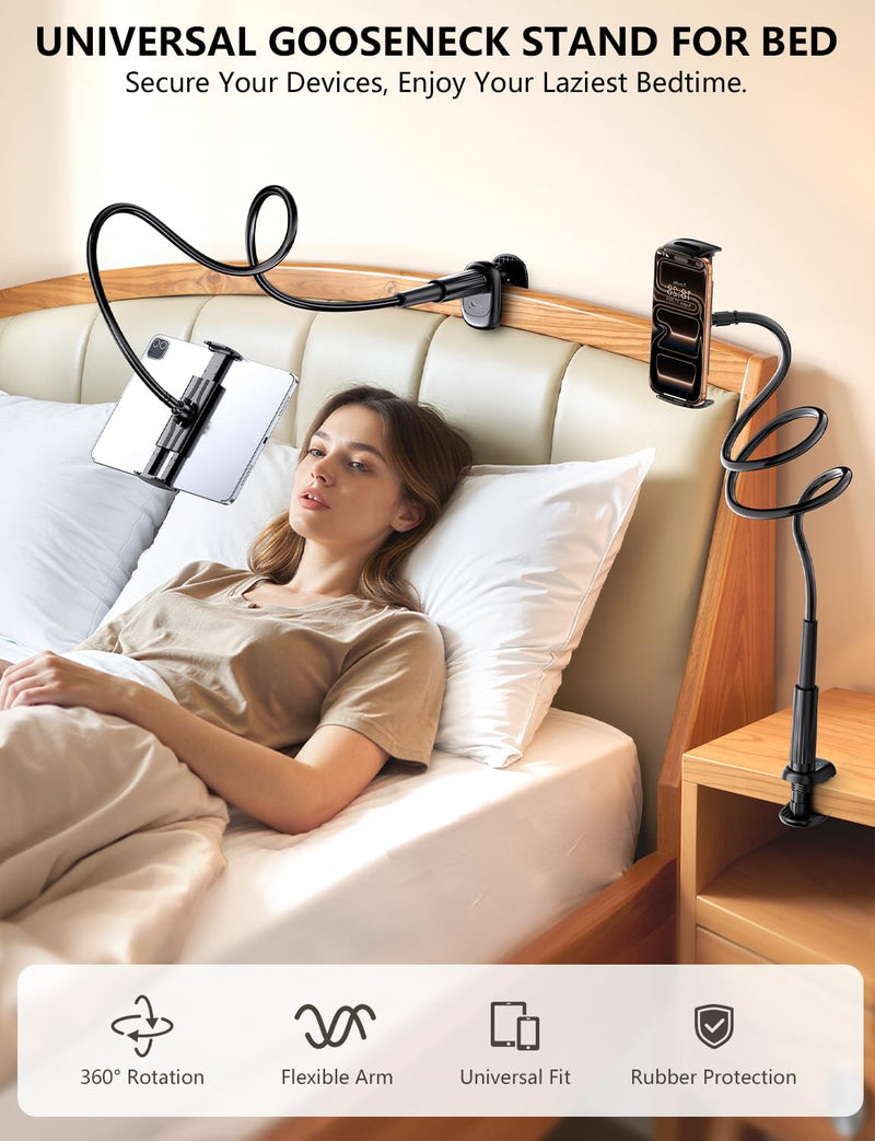 Gooseneck Flexible Arm Tablet Stand, Fit Kindle Holder for Bed | [Reinforced Anti-Break Base] [Fully Adjustable] iPad Kindle Mount Compatible with Switch, Galaxy Tab & 4.7-13" Device Dark Black
