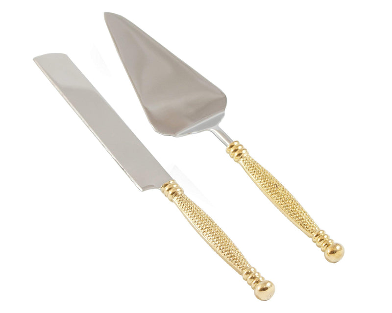 Cake Server, Pie Server, Server Set of Cake Knife and Server, Desert Flatware,String of Beads Design, 2-piece, 18/10 Stainless steel with brass handles (light antique gold finish)… Beads-Gold