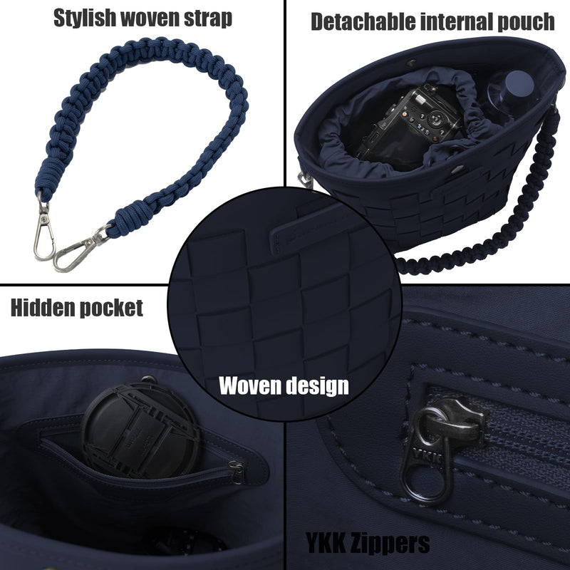 Camera Bag for Women, Leather Photography Shoulder Messenger Bag for DSLR SLR Mirrorless Camera, Women's handbag with Camera Sleeve Case Deep Blue