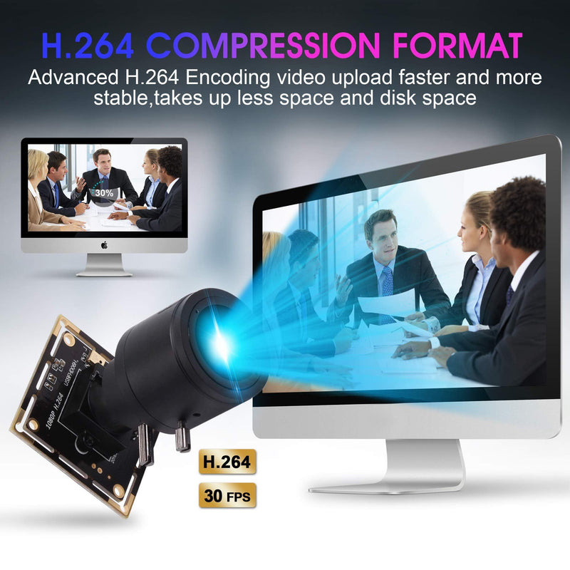 1080P USB Camera Module, 0.01Lux Low Light Camera with 2.8-12mm Varifocal Lens H.264 2MP CMOS IMX323 UVC Industrial Webcam Board for Window Linux Android Mac OS