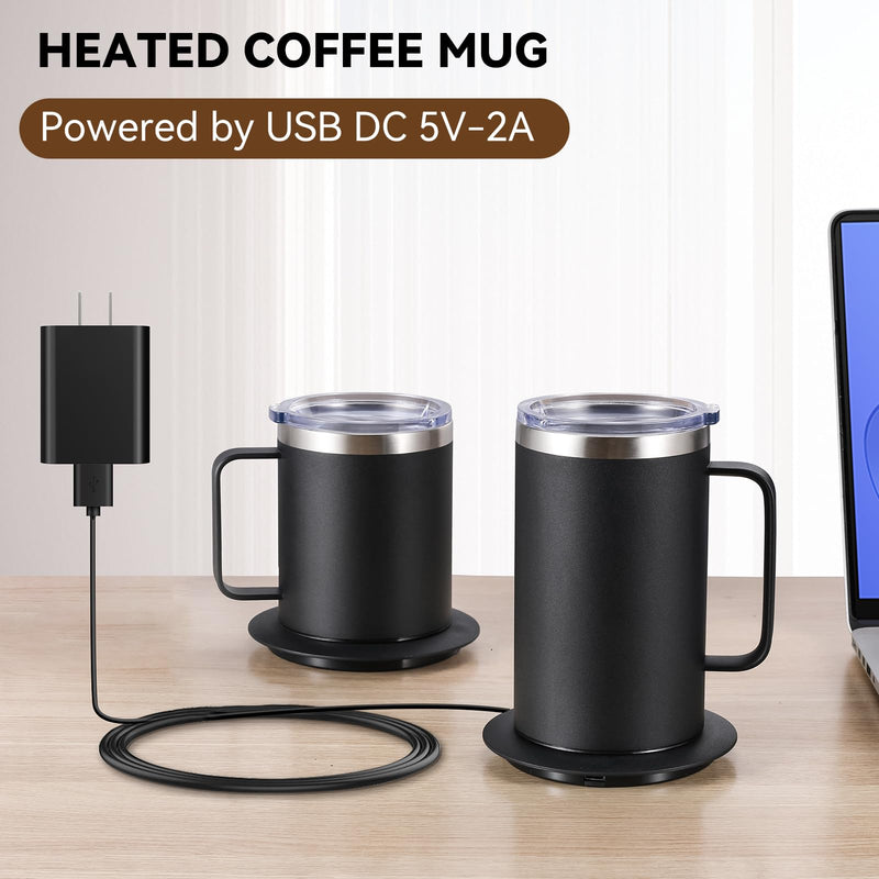 Coffee Warmer with Mug Set, USB Powered Heated Cup with 10H Auto Shut-Off, 131℉ Self Heating Coffee Mug for Desk (Black-12oz)