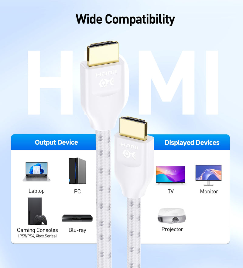 Cable Matters [Ultra High Speed HDMI Certified] Braided 48Gbps 8K HDMI Cable 16.4 ft / 5m with 8K@60Hz, 4K@240Hz and HDR Support for PS5, Xbox Series X/S, RTX3080 / 3090, Apple TV and More in White