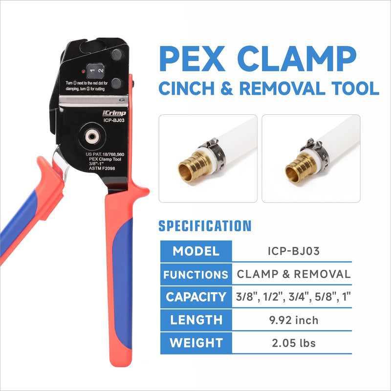 iCrimp ICP-BJ03 PEX Clamp Tool for Cinch and Removal of 3/8-in, 1/2-in, 3/4-in and 1-in PEX Clamp Rings, One-handed PEX Crimping Tool Clamp&Removal Tool