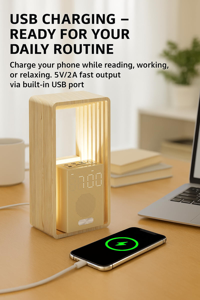 Sunrise Alarm Clock with Wake-Up Light: Dual Alarm White Noise Sound Machine with USB Charger, 9 Sleep Aids, Dimmable Display, Auto Timer, Ideal Night Light for Heavy Sleeper, Kid, Bedroom Wood grain color