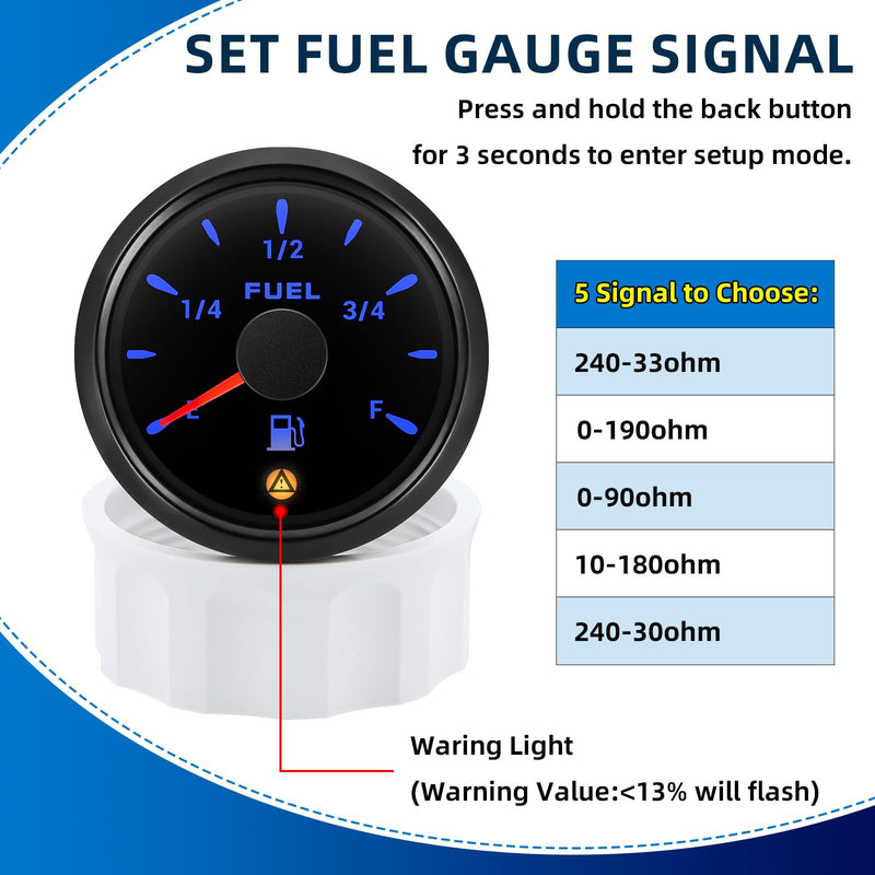 240-33ohm Fuel Sending Unit & Gauge Combo - 5-27" Fuel Tank Sensor, 7-Color Backlight with 5 Signal, Waterproof Fuel Level Gauge for Boats, Marine, Trucks, Automotive (Black) Black 5"-27"