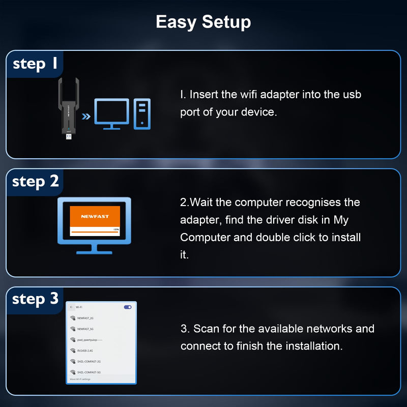 NEWFAST AX5400 USB WiFi 6 Adapter for Desktop PC Tri-Band USB 3.0 WiFi U353 | 6GHz Wireless Network Adapter for Desktop PC,2×High Gain Antenna,Support WPA3,MU-MIMO,OFDMA,WiFi 6E Dongle for Windows 11/10 black